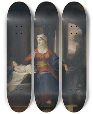 Triptych art skateboard deck of Washington Allston Mother Watching Her Child by Washington Allston (1779-1843)