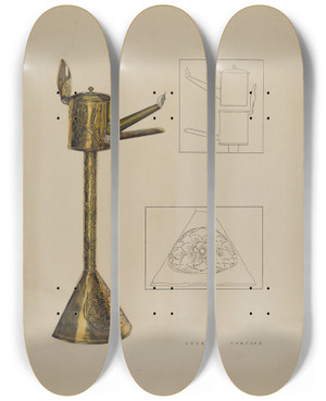 Triptych art skateboard deck of George Yanosko Whale Oil Lamp by George Yanosko