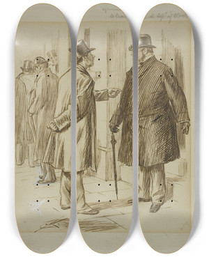 Triptych art skateboard deck of Charles Samuel Keene Accommodation by Charles Samuel Keene (1823-1891)