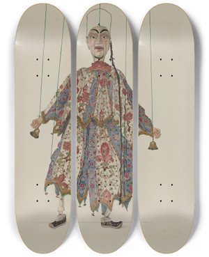 Triptych art skateboard deck of Vera Van Voris Puppet Chinese Minstrel by Vera Van Voris