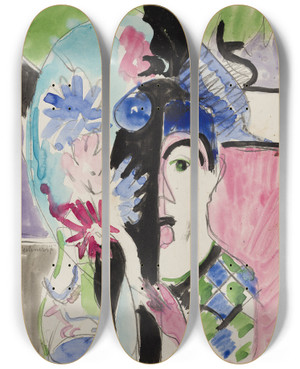 Triptych art skateboard deck of Ernst Ludwig Kirchner Studie Zu Mllerkopf Mit Blumen by Ernst Ludwig Kirchner (1880-1938)