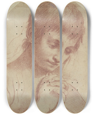 Triptych art skateboard deck of Ludovico Carracci Praying Youth by Ludovico Carracci (1555-1619)