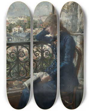 Triptych art skateboard deck of Hans Heyerdahl At The Window by Hans Heyerdahl (1857-1913)