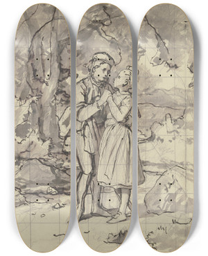 Triptych art skateboard deck of Jakob Becker Bauernjunge Und Bauernmdchen_2 by Jakob Becker (1810-1872)