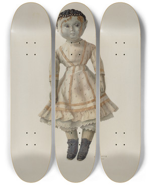 Triptych art skateboard deck of Charlotte Angus Rag Doll by Charlotte Angus (1911-1989)