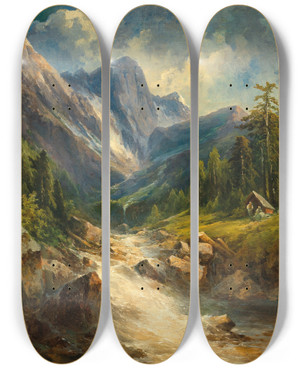 Triptych art skateboard deck of Georg Geyer A Mountain Landscape With River by Georg Geyer (1823-1912)