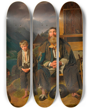 Triptych art skateboard deck of Franz Eybl Der Bettler by Franz Eybl (1806-1880)