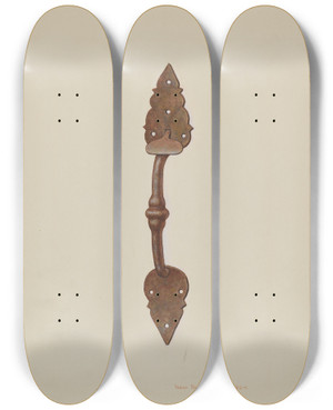 Triptych art skateboard deck of Regina Henderer Suffolk Latch_3 by Regina Henderer