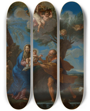 Triptych art skateboard deck of Carlo Maratti The Flight Into Egypt_1 by Carlo Maratti (1625-1713)