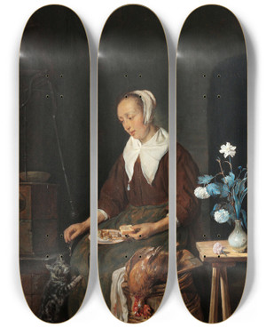 Triptych art skateboard deck of Gabriel Metsu The Cats Breakfast by Gabriel Metsu (1629-1667)