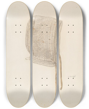 Triptych art skateboard deck of Virginia Berge Womans Night Cap by Virginia Berge