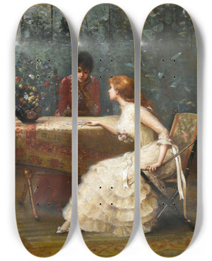 Triptych art skateboard deck of Douard Bisson Frage An Die Karten by Edouard Bisson (1856-1939)