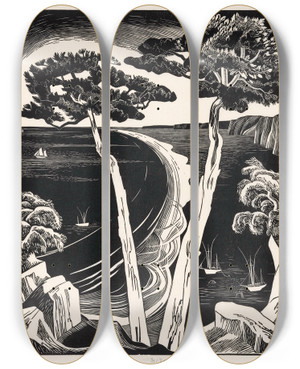 Triptych art skateboard deck of Bernard Essers Pijnboomen Bretonsche Baai Bij Eb by Bernard Essers (1893-1945)