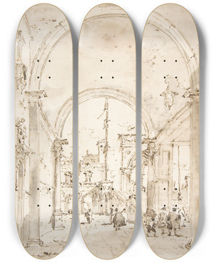 Triptych art skateboard deck of Francesco Guardi Architectural Capriccio Grand Staircase Seen Through An Archway by Francesco Guardi (1712-1793)