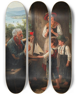 Triptych art skateboard deck of Carl Von Bergen Das Segelschiff by Carl Von Bergen (1853-1933)
