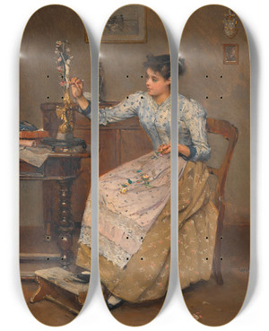 Triptych art skateboard deck of Josef Gisela Mdchen Ein Kruzifix Mit Blumen Schmckend by Josef Gisela (1851-1899)