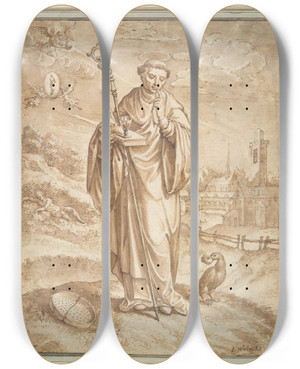 Triptych art skateboard deck of Hieronymus Wierix Saintbenedict by Hieronymus Wierix (1553-1619)
