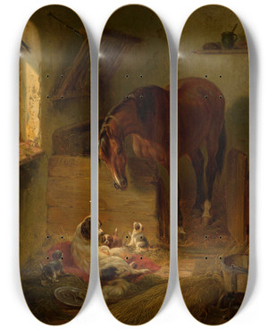 Triptych art skateboard deck of Benno Raffael Adam In The Barn by Benno Raffael Adam (1812-1892)