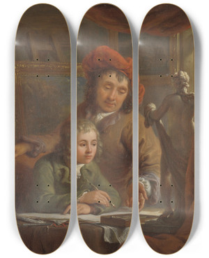 Triptych art skateboard deck of Abraham Van Strij The Drawing Lesson by Abraham Van Strij (1753-1753)