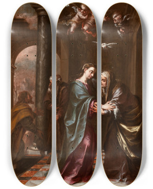 Triptych art skateboard deck of Juan De Valds Leal The Visitation by Juan de Valds Leal (1622-1690)