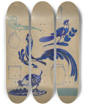 Triptych art skateboard deck of Charles Caseau Bird Decorations On Jug by Charles Caseau (1880)