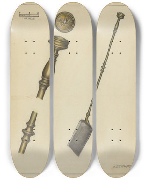 Triptych art skateboard deck of Jack Staloff Fireplace Equipment by Jack Staloff