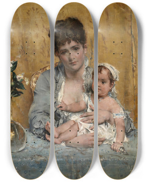 Triptych art skateboard deck of Alfred Stevens Mother And Child by Alfred Stevens (1817-1875)