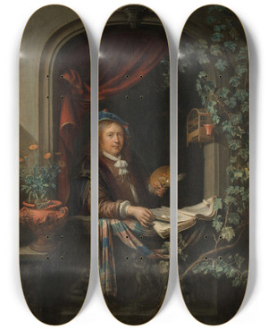 Triptych art skateboard deck of Gerrit Dou Selfportrait by Gerrit Dou (1613-1675)