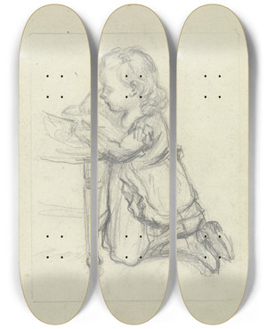 Triptych art skateboard deck of Otto Scholderer Vor Einem Stuhl Kniendes Mdchen by Otto Scholderer (1834-1902)