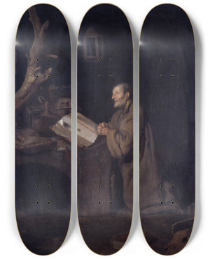 Triptych art skateboard deck of Bartholomeus Maton A Hermit At Prayer by Bartholomeus Maton (1641-1684)
