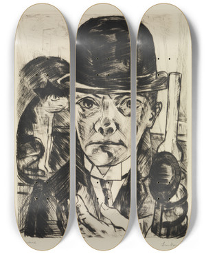 Triptych art skateboard deck of Max Beckmann Selbstbildnis Mit Steifem Hut_2 by Max Beckmann (1884-1950)