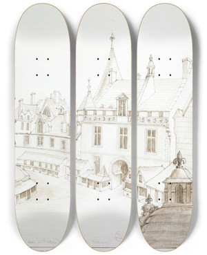 Triptych art skateboard deck of Alfred Bonnardot Palais De Justice Et Cour De La Saintechapelle by Alfred Bonnardot (1808-1884)