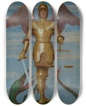 Triptych art skateboard deck of Hans Thoma September St Michael Als Seelenwger by Hans Thoma (1839-1924)