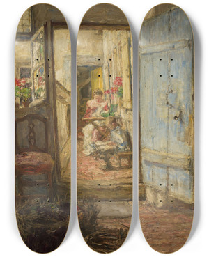 Triptych art skateboard deck of Gotthardt Kuehl Blue Door by Gotthardt Kuehl (1850-1915)