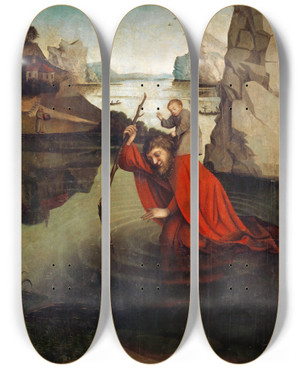 Triptych art skateboard deck of Konrad Witz Saint Christopher by Konrad Witz (1410-1446)