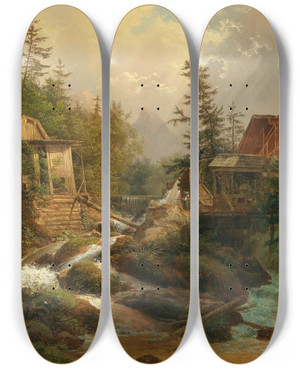 Triptych art skateboard deck of Josef Feid A Mountain Mill by Josef Feid (1806-1870)