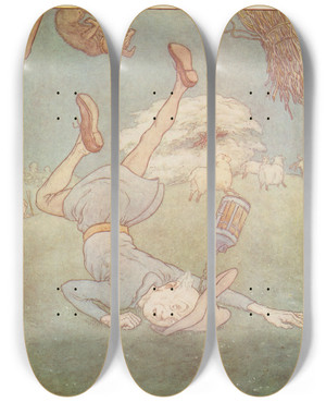 Triptych art skateboard deck of Leonard Leslie Brooke The Man In The Moon Came Tumbling Down by Leonard Leslie Brooke (1862-1940)