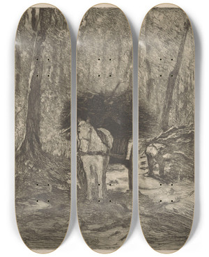 Triptych art skateboard deck of Heinrich M Krabb Sprokkelende Man In Een Bos by Heinrich M Krabbe (1868-1931)