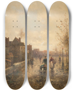 Triptych art skateboard deck of Emil Barbarini On The Boulevard by Emil Barbarini (1855-1933)