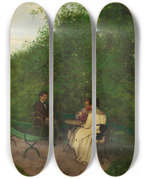 Triptych art skateboard deck of Hans Thoma Im Garten by Hans Thoma (1839-1924)