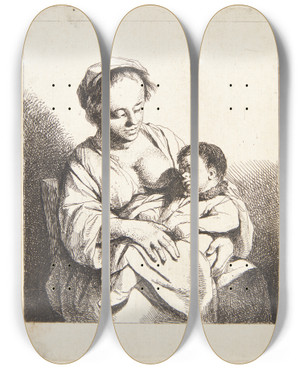 Triptych art skateboard deck of Cornelis Pietersz Bega En Mor Med Sit Barn by Cornelis Pietersz Bega (1631-1664)
