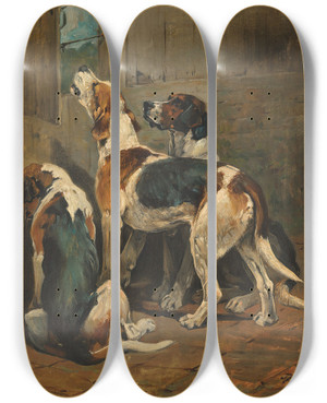 Triptych art skateboard deck of John Emms Foxhounds At A Kennel Door by John Emms (1843-1912)