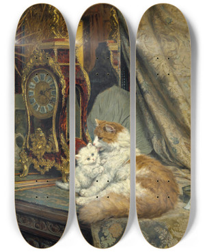 Triptych art skateboard deck of Henritte Ronnerknip A Mother Cat And Her Kitten With A Bracket Clock by Henritte Ronner-Knip (1821-1909)