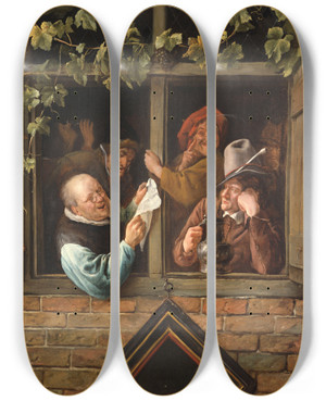 Triptych art skateboard deck of Jan Steen Rhetoricians At A Window by Jan Steen (1626-1679)