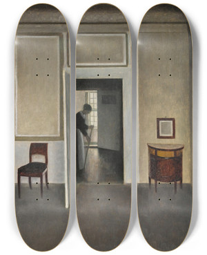 Triptych art skateboard deck of Vilhelm Hammershi Interior Strandgade 30_2 by Vilhelm Hammershoi (1864-1916)