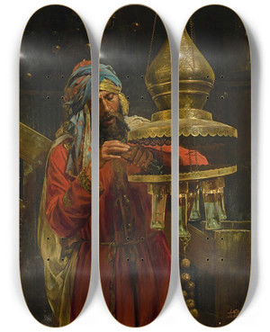 Triptych art skateboard deck of Antonio Fabrs Lighting The Lamp by Antonio Fabres (1854-1938)
