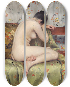 Triptych art skateboard deck of William Merritt Chase A Modern Magdalen by William Merritt Chase (1849-1916)