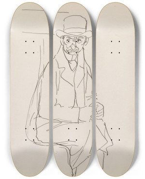 Triptych art skateboard deck of Michael Healy A Scowling Man On A Train by Michael Healy (1873-1941)