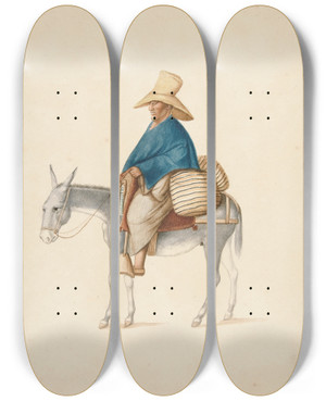 Triptych art skateboard deck of Francisco Fierro Man On Mule With Loaded Saddlebacks by Francisco Fierro (1807-1879)