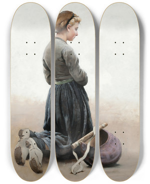 Triptych art skateboard deck of August Hagborg Girl Kneeling by August Hagborg (1852-1921)